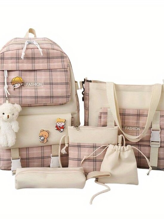 Large Capacity Cartoon Canvas Five Piece School Bag Set with Cosmetic Bag, main image 7